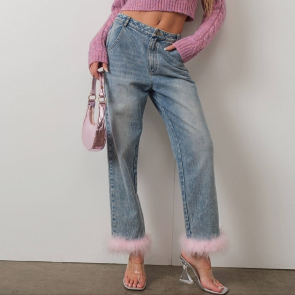 NWT PRETTY GARBAGE FAUX FEATHER TRIM JEANS - Picture 7 of 14